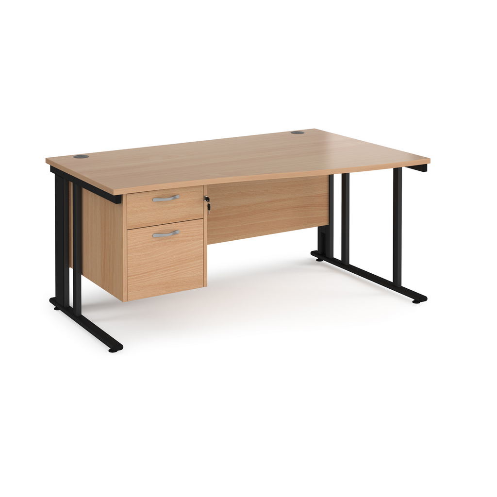 Picture of Maestro 25 right hand wave desk 1600mm wide with 2 drawer pedestal - black cable managed leg frame, beech top