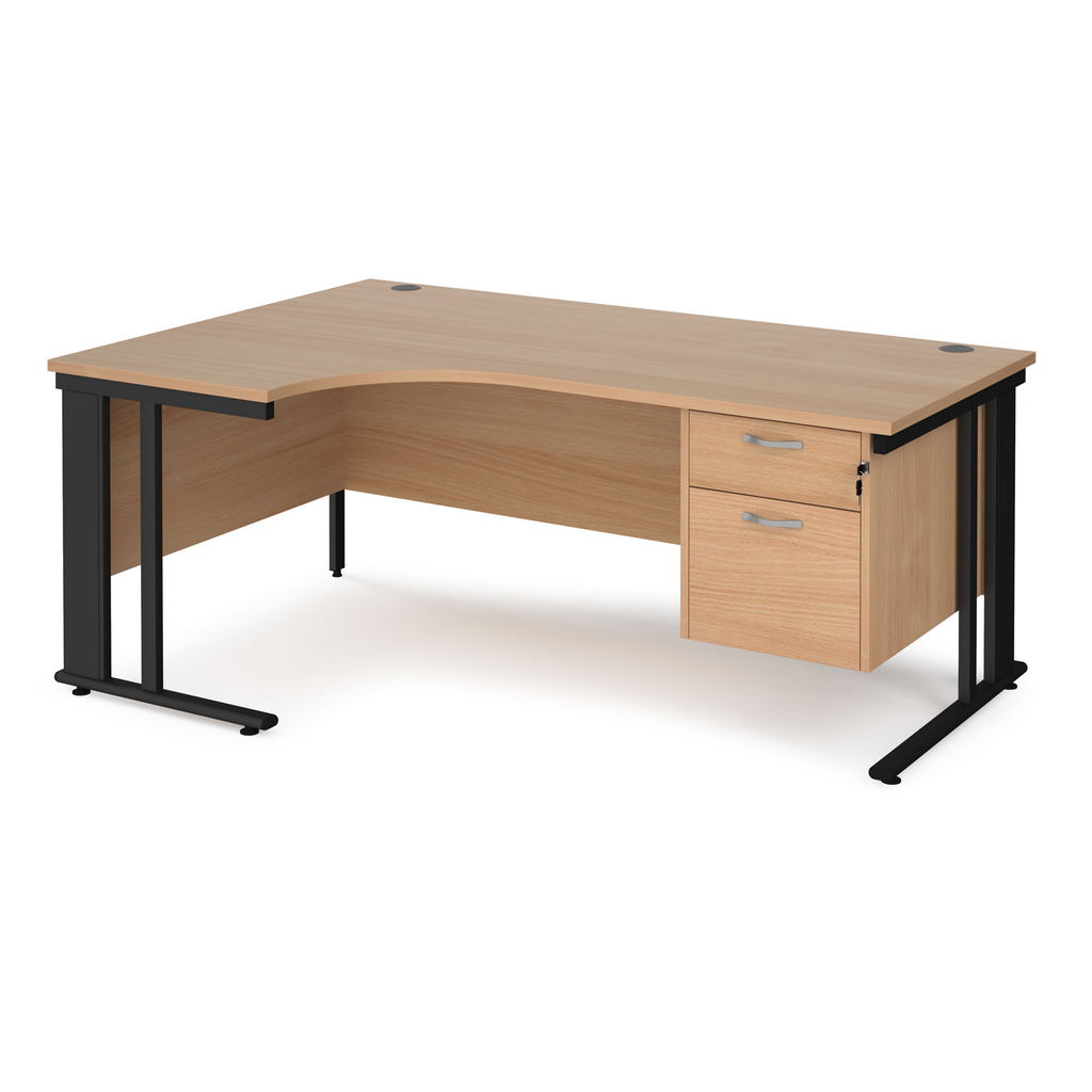 Picture of Maestro 25 left hand ergonomic desk 1800mm wide with 2 drawer pedestal - black cable managed leg frame, beech top