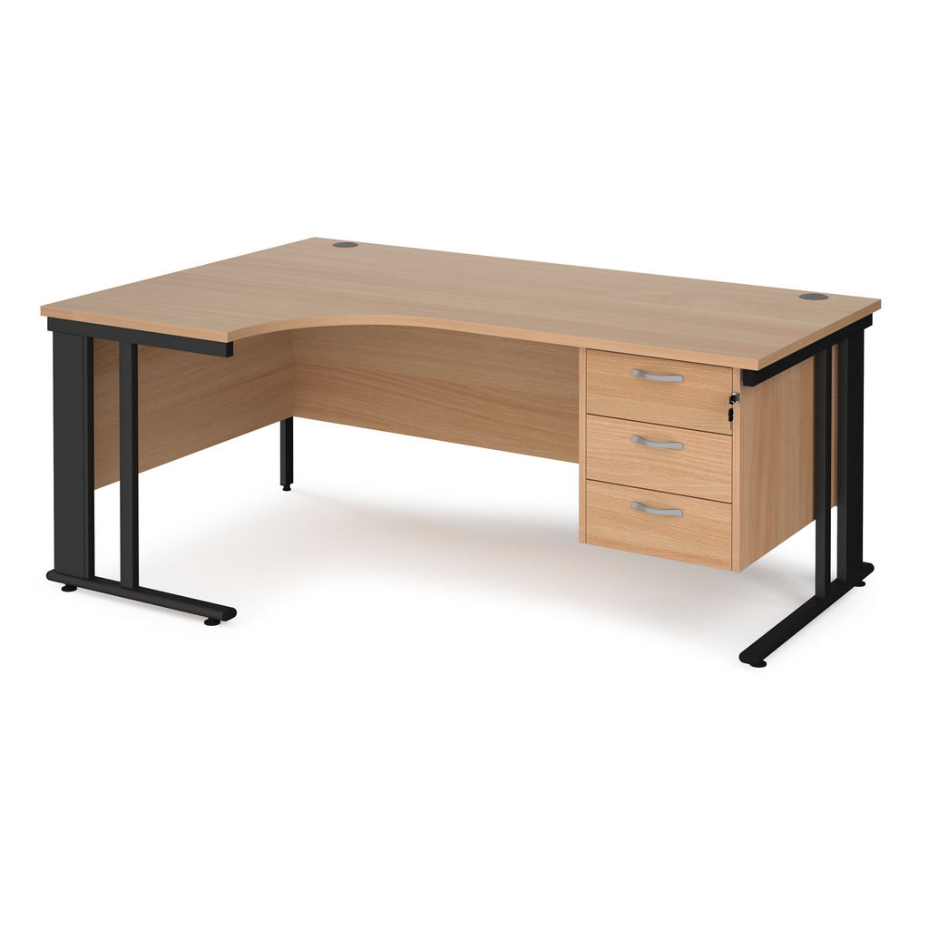 Picture of Maestro 25 left hand ergonomic desk 1800mm wide with 3 drawer pedestal - black cable managed leg frame, beech top