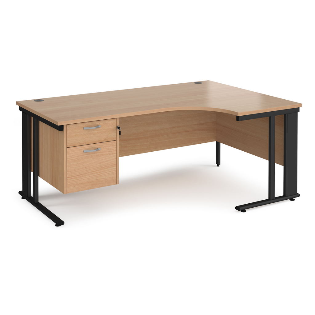 Picture of Maestro 25 right hand ergonomic desk 1800mm wide with 2 drawer pedestal - black cable managed leg frame, beech top