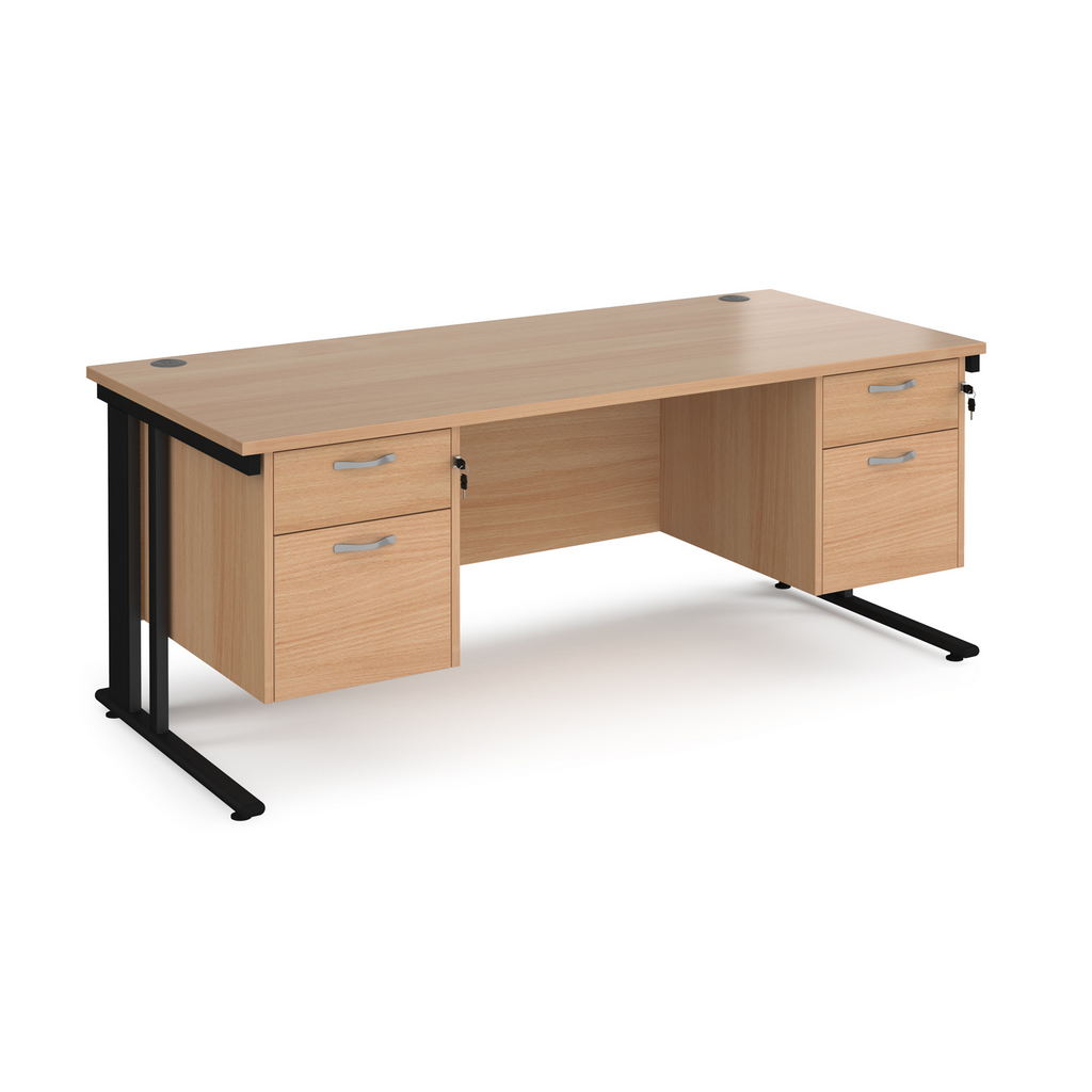 Picture of Maestro 25 straight desk 1800mm x 800mm with two x 2 drawer pedestals - black cable managed leg frame, beech top