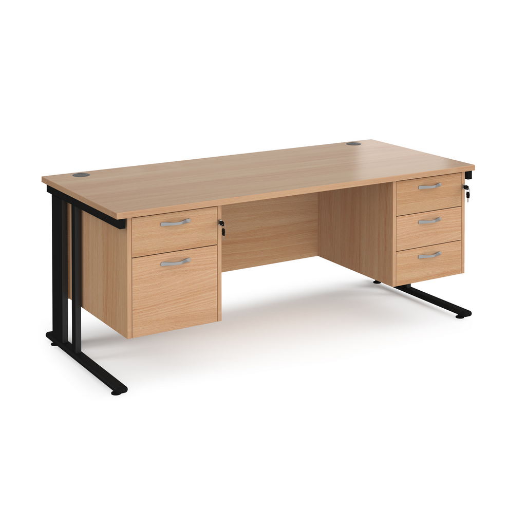 Picture of Maestro 25 straight desk 1800mm x 800mm with 2 and 3 drawer pedestals - black cable managed leg frame, beech top