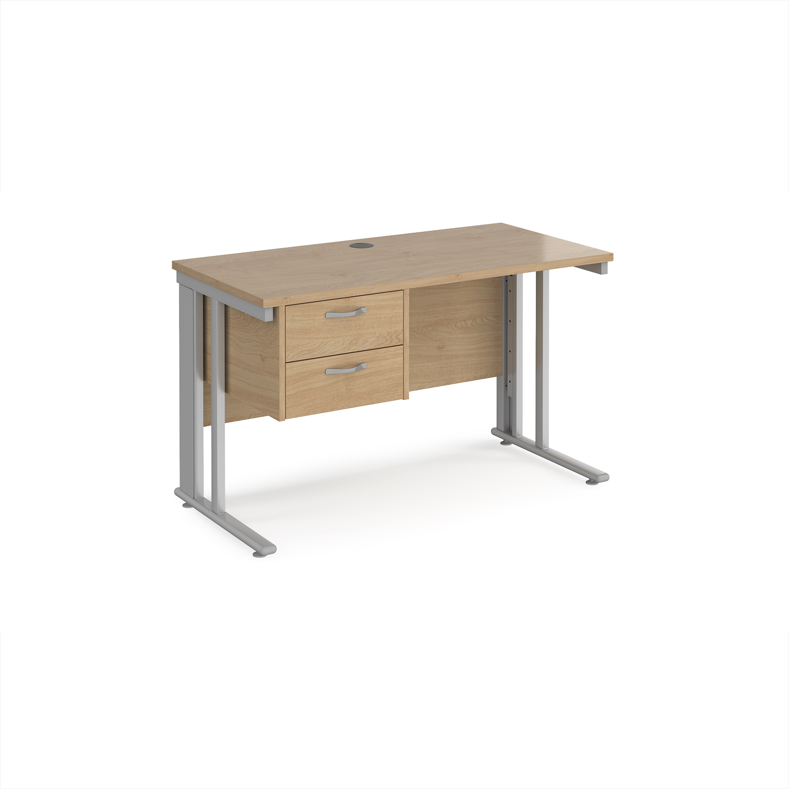 Picture of Maestro 25 straight desk 1200mm x 600mm with 2 drawer pedestal - silver cable managed leg frame leg, Kendal Oak Top
