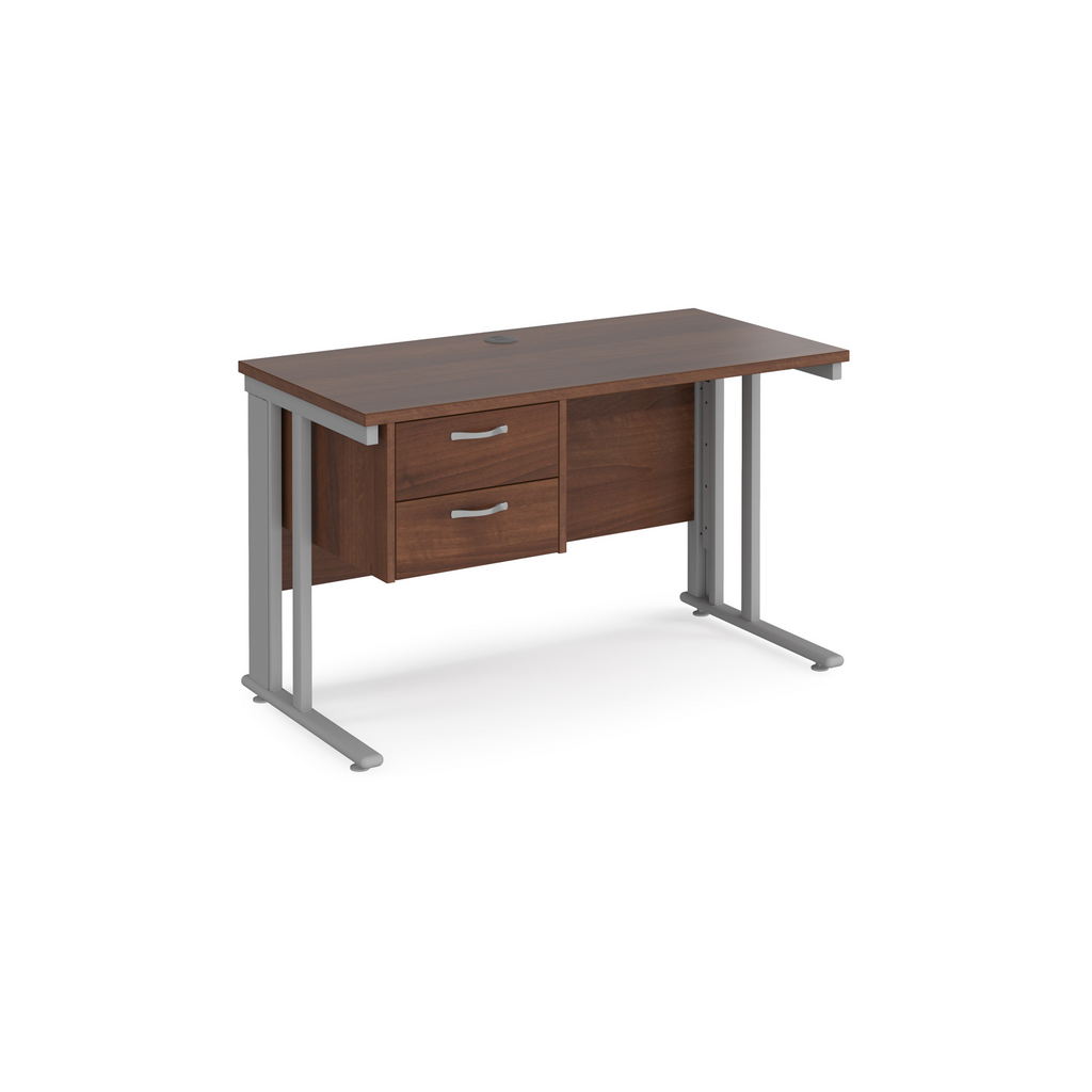 Picture of Maestro 25 straight desk 1200mm x 600mm with 2 drawer pedestal - silver cable managed leg frame, walnut top