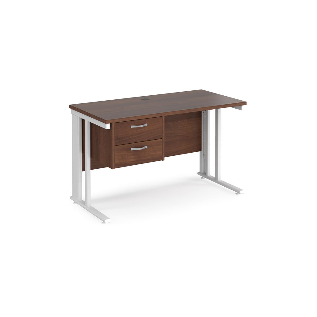 Picture of Maestro 25 straight desk 1200mm x 600mm with 2 drawer pedestal - white cable managed leg frame, walnut top