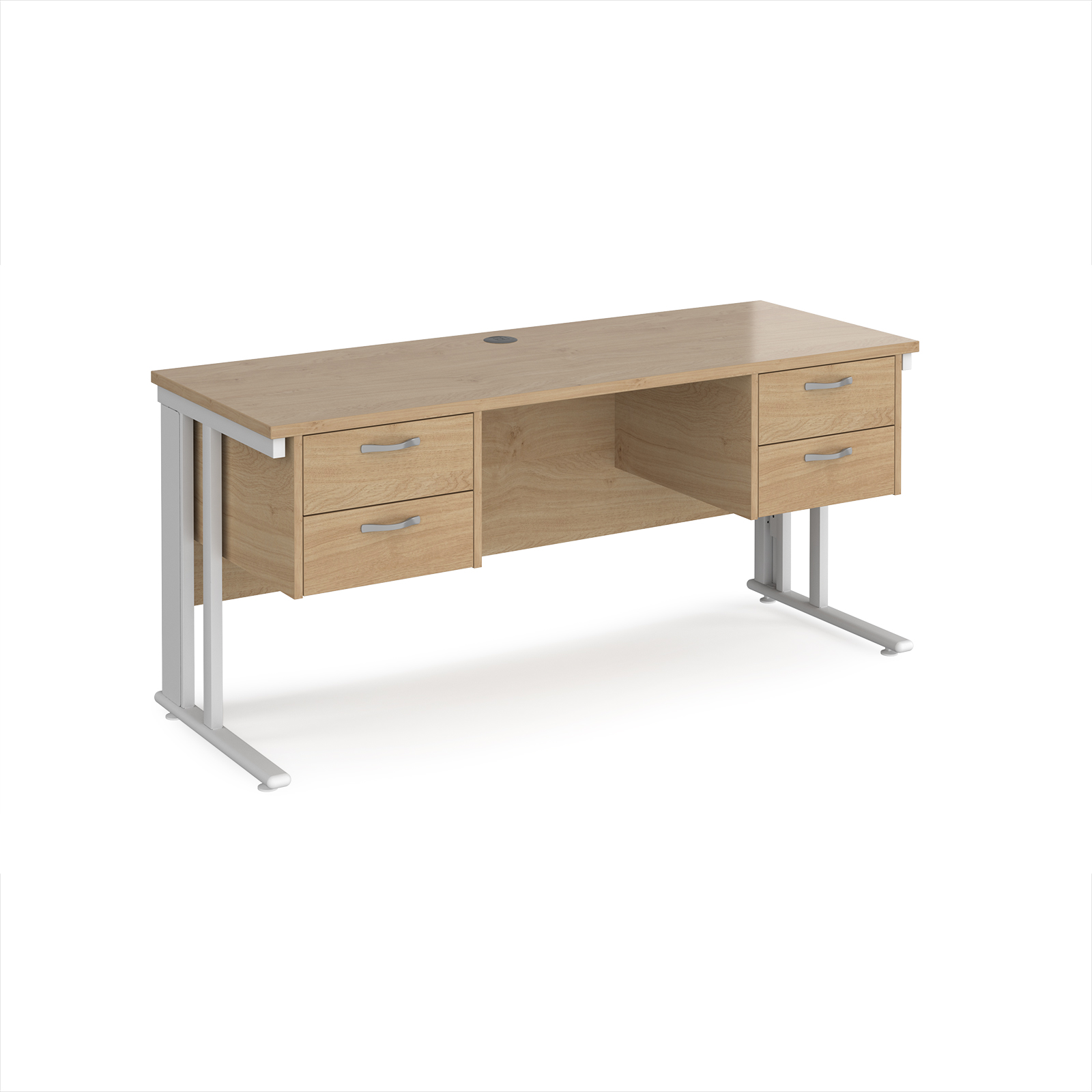 Picture of Maestro 25 straight desk 1600mm x 600mm with two x 2 drawer pedestals - white cable managed leg frame leg, Kendal Oak Top