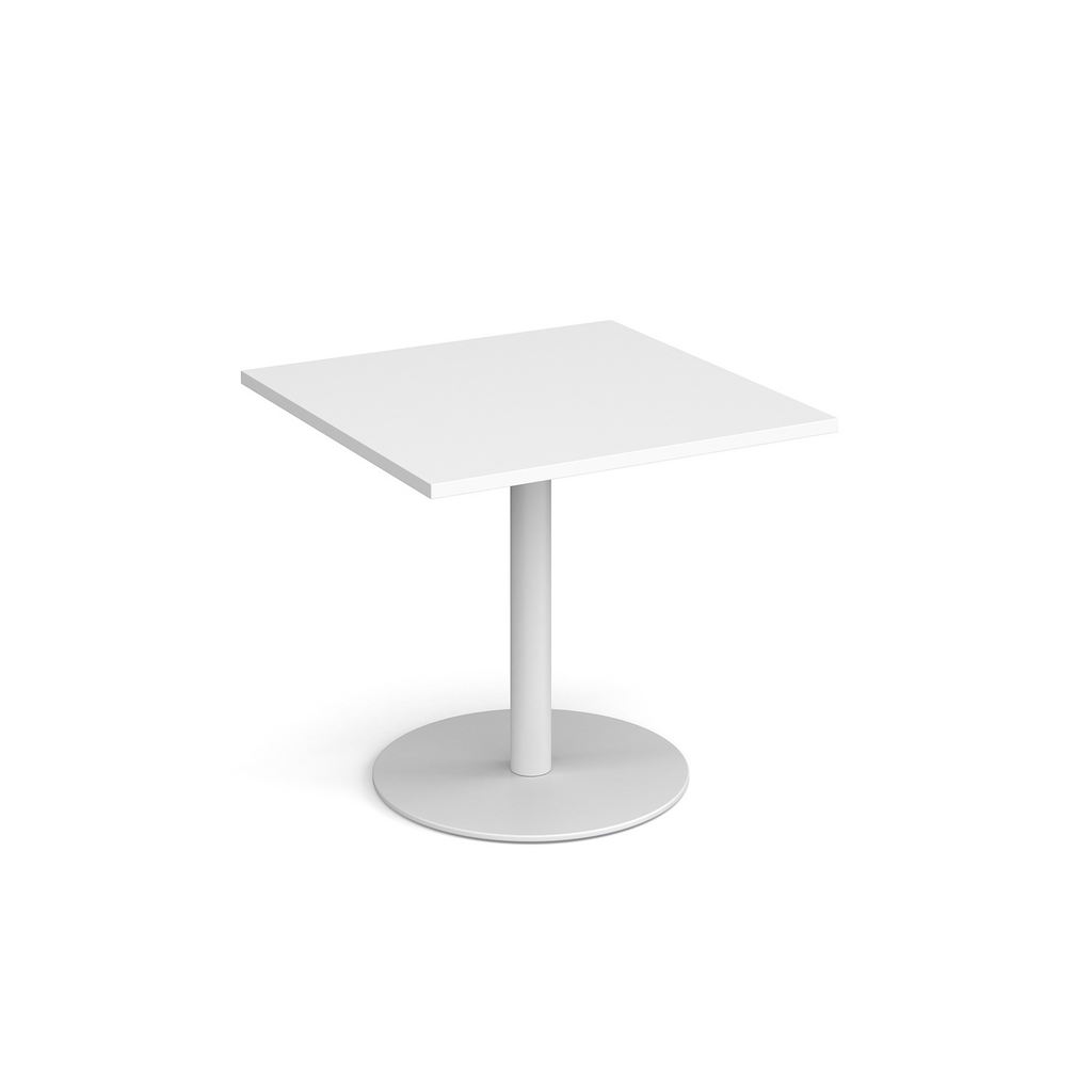 Picture of Monza square dining table with flat round white base 800mm - white