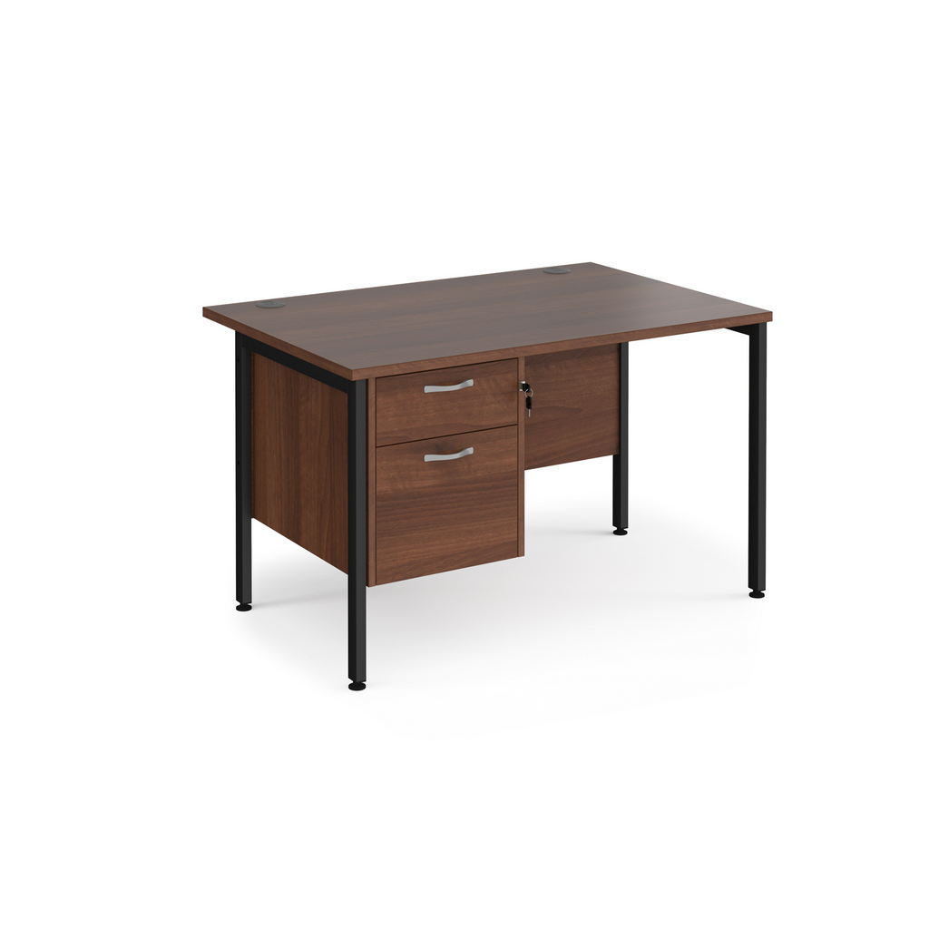 Picture of Maestro 25 straight desk 1200mm x 800mm with 2 drawer pedestal - black H-frame leg, walnut top