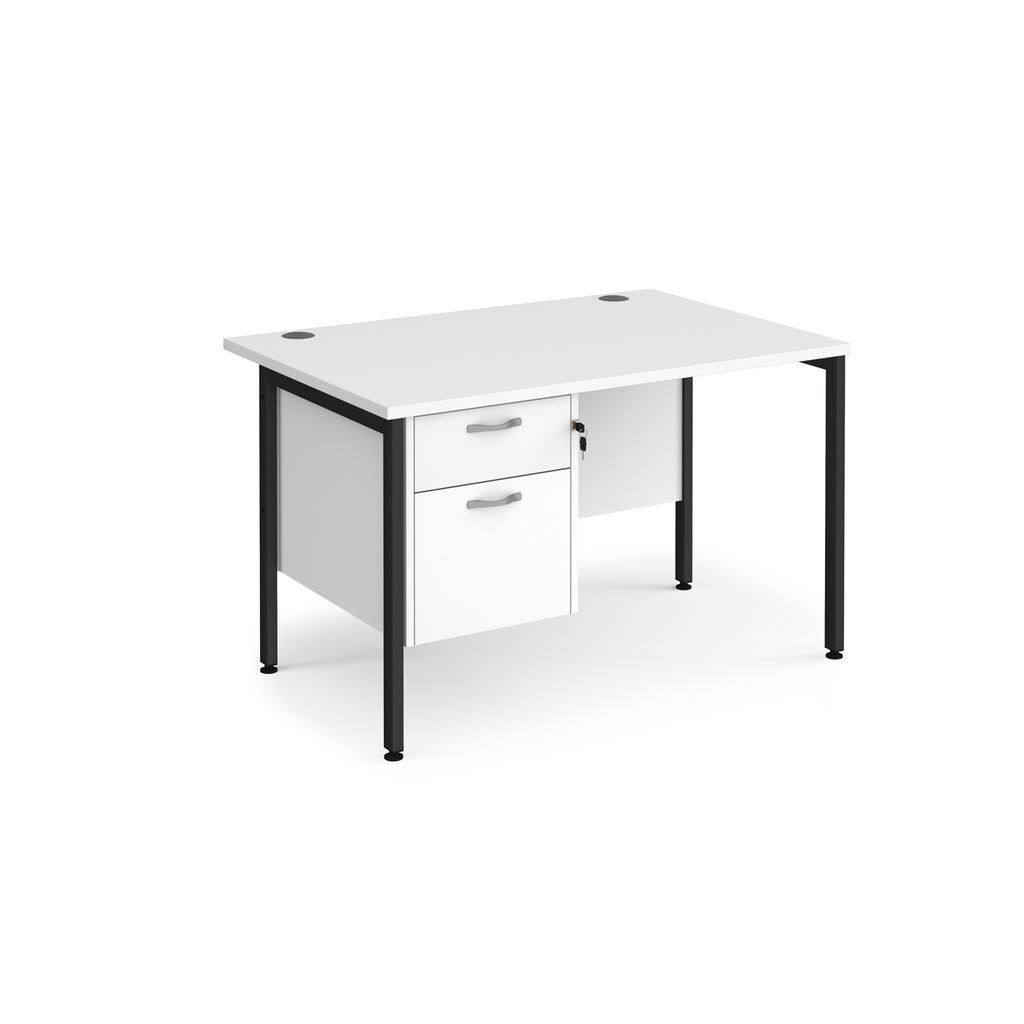 Picture of Maestro 25 straight desk 1200mm x 800mm with 2 drawer pedestal - black H-frame leg, white top