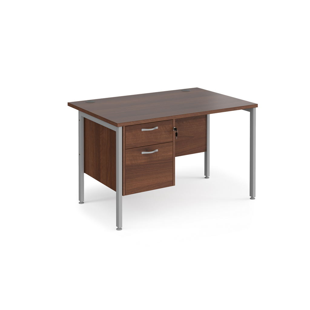 Picture of Maestro 25 straight desk 1200mm x 800mm with 2 drawer pedestal - silver H-frame leg, walnut top