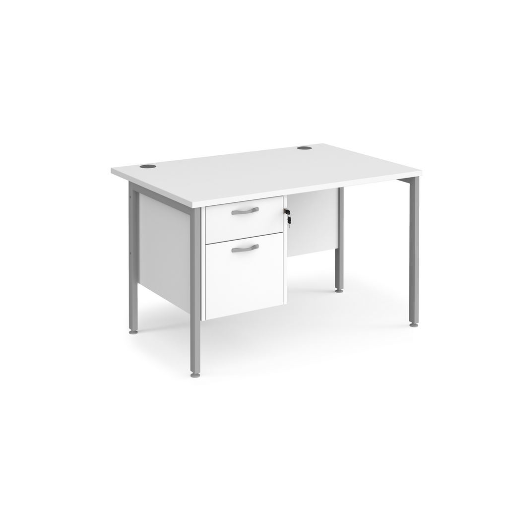 Picture of Maestro 25 straight desk 1200mm x 800mm with 2 drawer pedestal - silver H-frame leg, white top