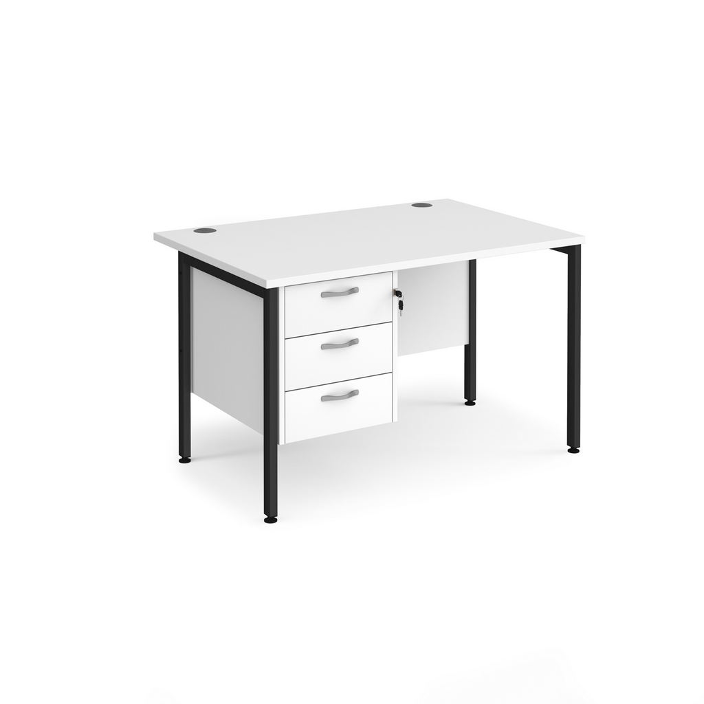 Picture of Maestro 25 straight desk 1200mm x 800mm with 3 drawer pedestal - black H-frame leg, white top