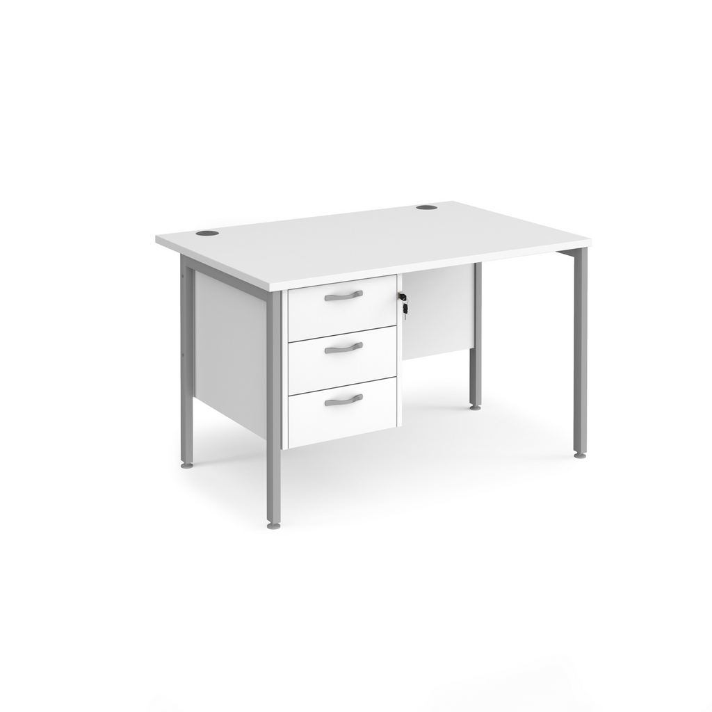 Picture of Maestro 25 straight desk 1200mm x 800mm with 3 drawer pedestal - silver H-frame leg, white top