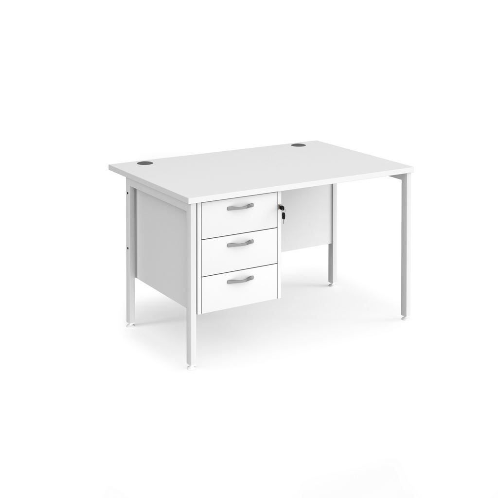 Picture of Maestro 25 straight desk 1200mm x 800mm with 3 drawer pedestal - white H-frame leg, white top