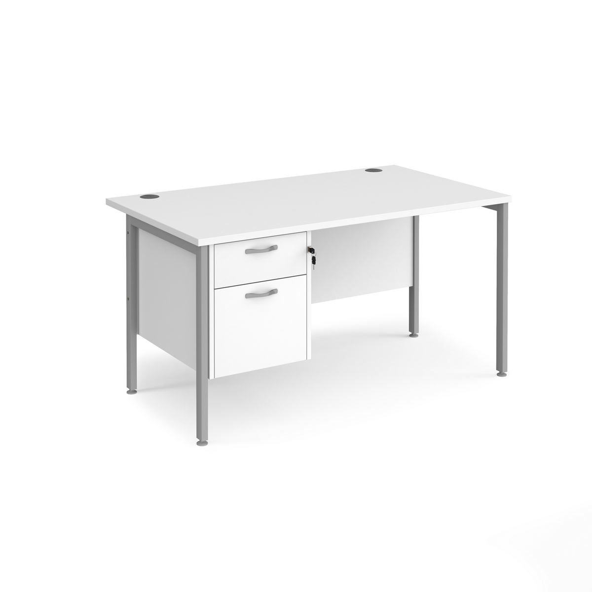 Picture of Maestro 25 straight desk 1400mm x 800mm with 2 drawer pedestal - silver H-frame leg, white top