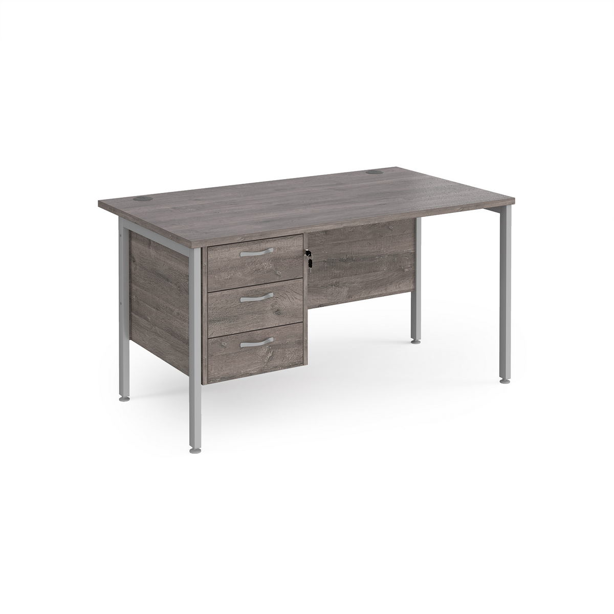 Picture of Maestro 25 straight desk 1400mm x 800mm with 3 drawer pedestal - silver H-frame leg, grey oak top