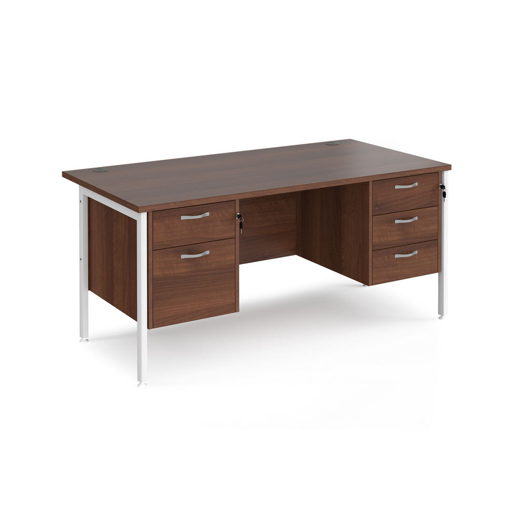 Picture of Maestro 25 straight desk 1600mm x 800mm with 2 and 3 drawer pedestals - white H-frame leg, walnut top