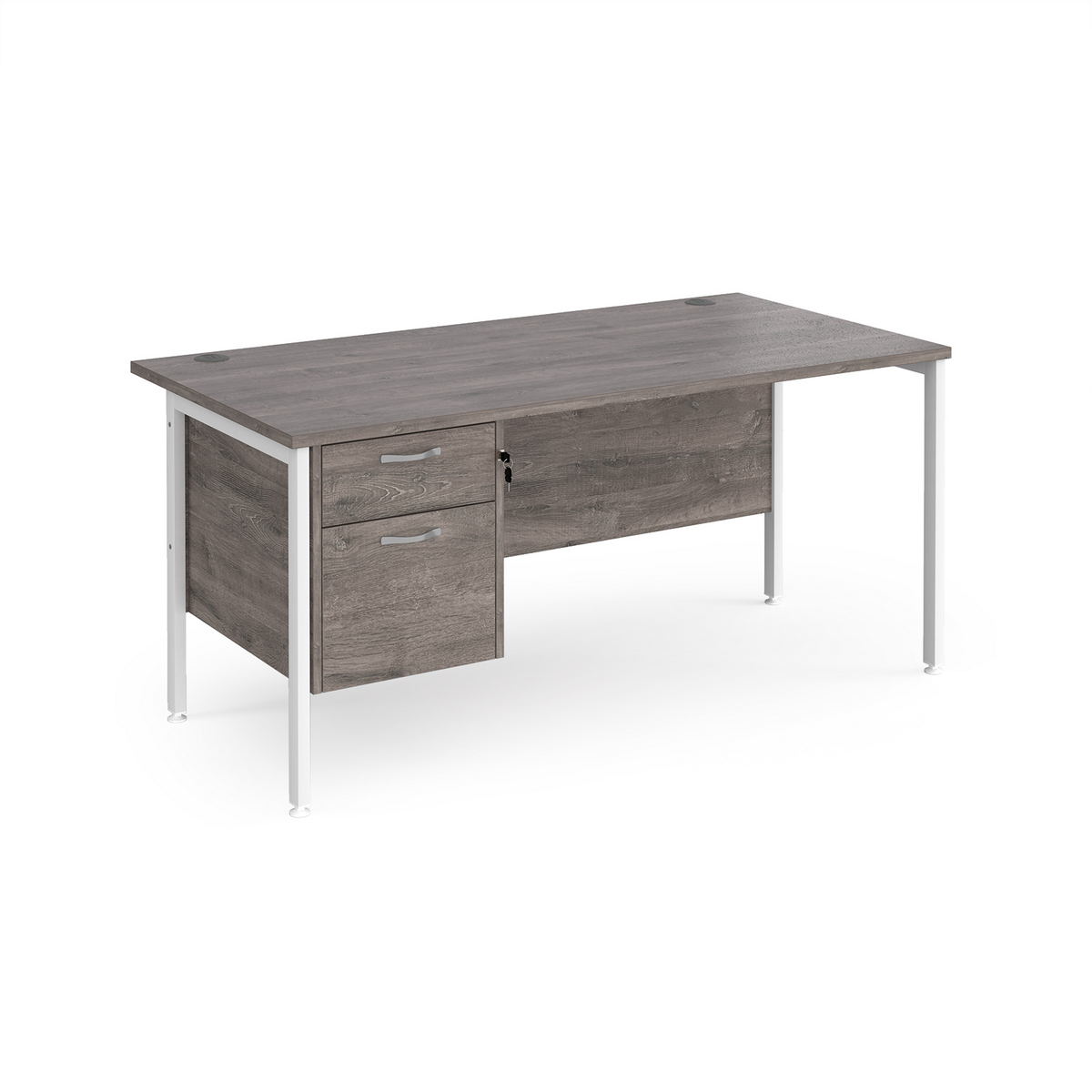 Picture of Maestro 25 straight desk 1600mm x 800mm with 2 drawer pedestal - white H-frame leg, grey oak top