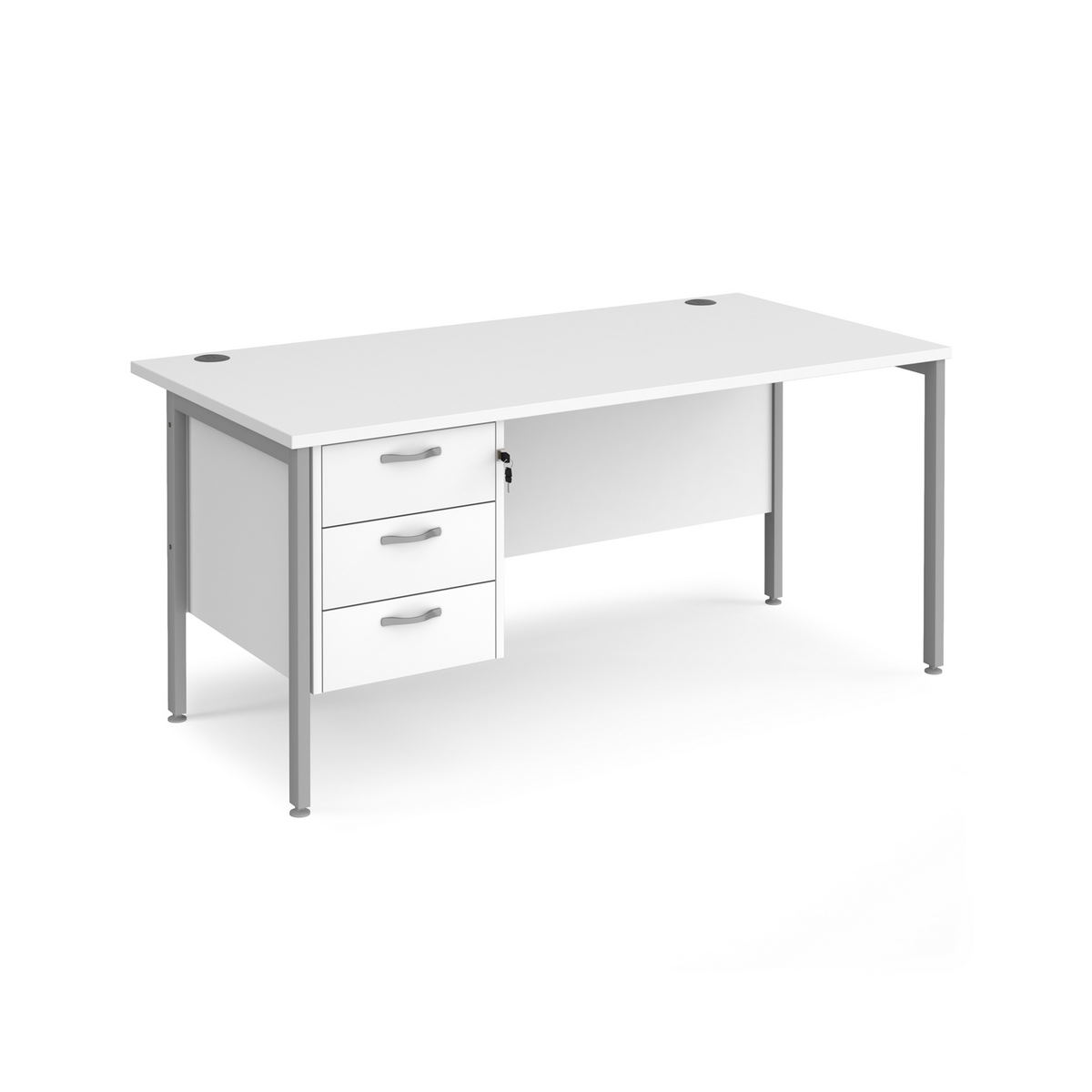 Picture of Maestro 25 straight desk 1600mm x 800mm with 3 drawer pedestal - silver H-frame leg, white top