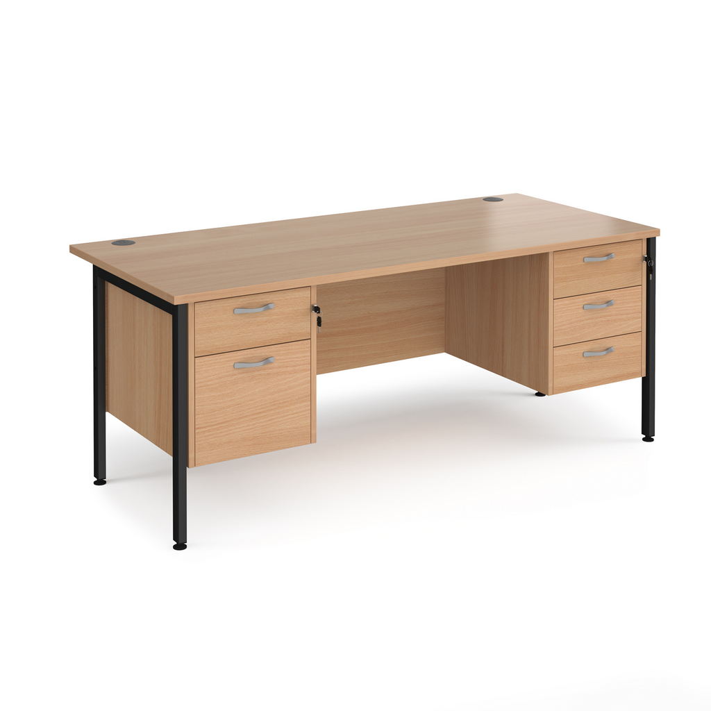 Picture of Maestro 25 straight desk 1800mm x 800mm with 2 and 3 drawer pedestals - black H-frame leg, beech top