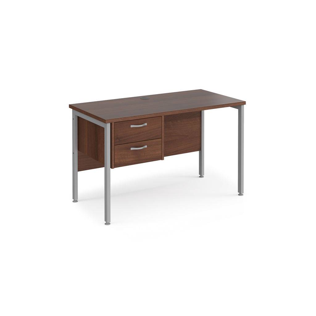 Picture of Maestro 25 straight desk 1200mm x 600mm with 2 drawer pedestal - silver H-frame leg, walnut top