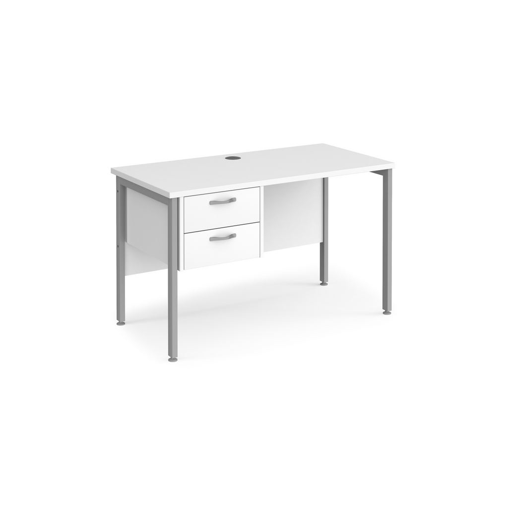 Picture of Maestro 25 straight desk 1200mm x 600mm with 2 drawer pedestal - silver H-frame leg, white top