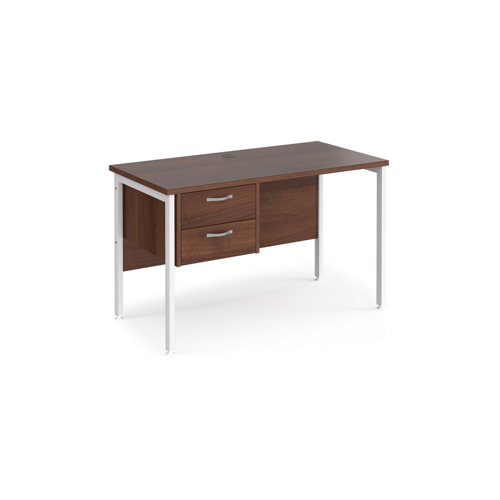 Picture of Maestro 25 straight desk 1200mm x 600mm with 2 drawer pedestal - white H-frame leg, walnut top