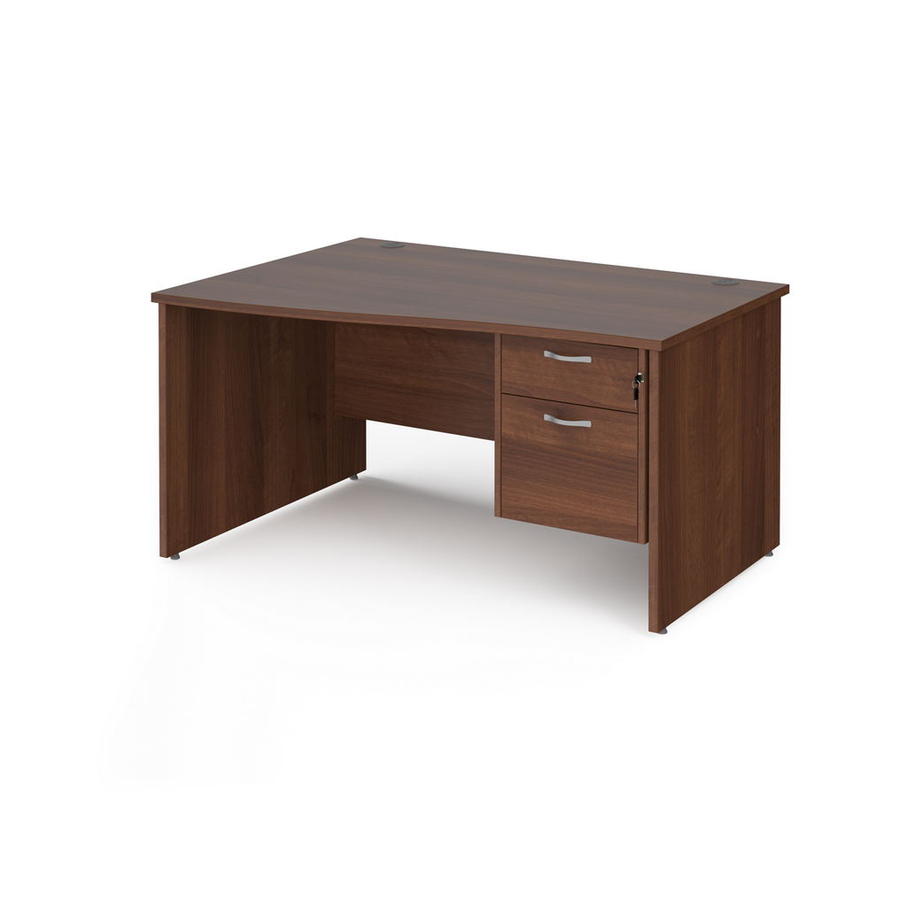 Picture of Maestro 25 left hand wave desk 1400mm wide with 2 drawer pedestal - walnut top with panel end leg