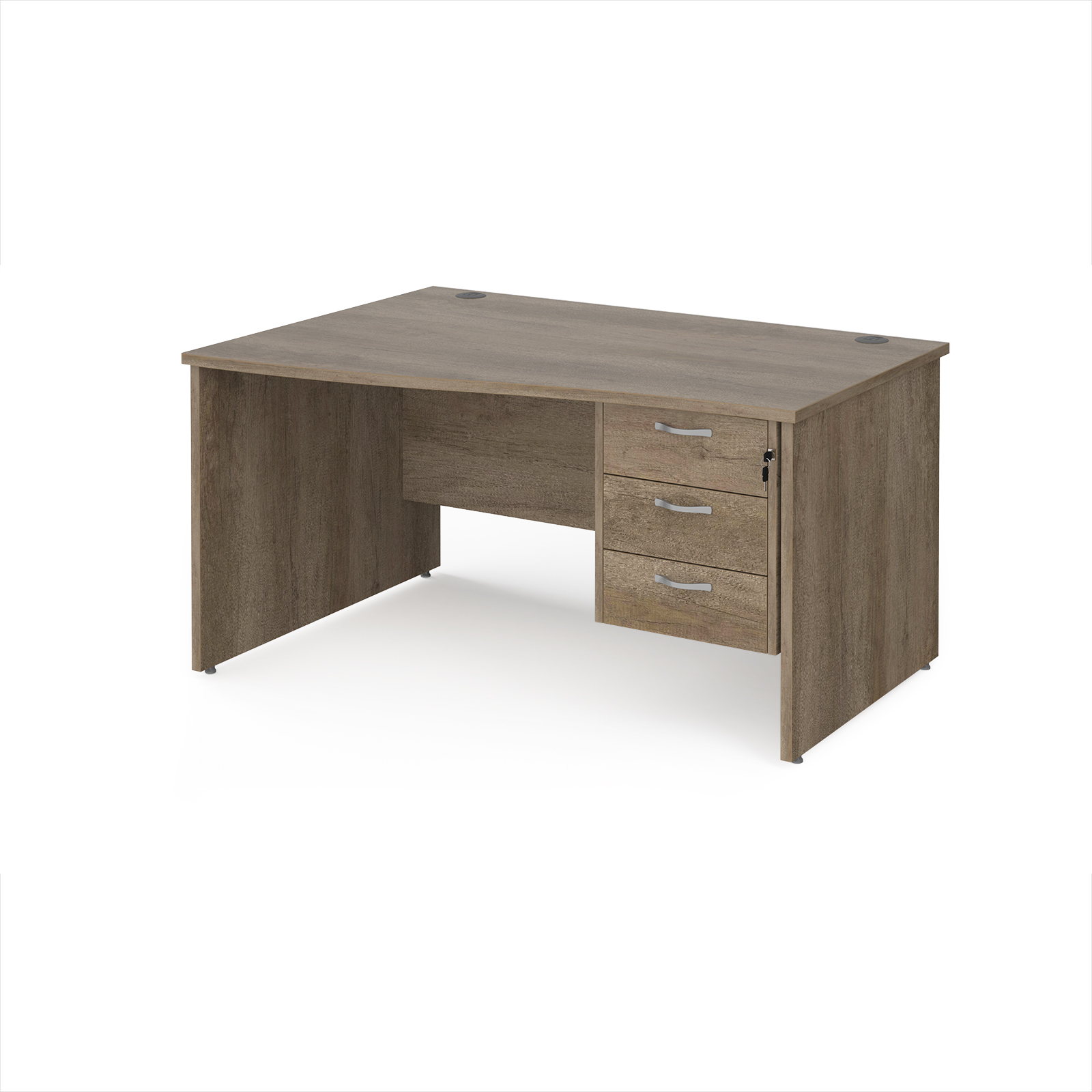 Picture of Maestro 25 left hand wave desk 1400mm wide with 3 drawer pedestal - Nebraska Oak Top with panel end leg