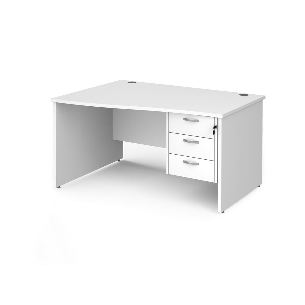 Picture of Maestro 25 left hand wave desk 1400mm wide with 3 drawer pedestal - white top with panel end leg