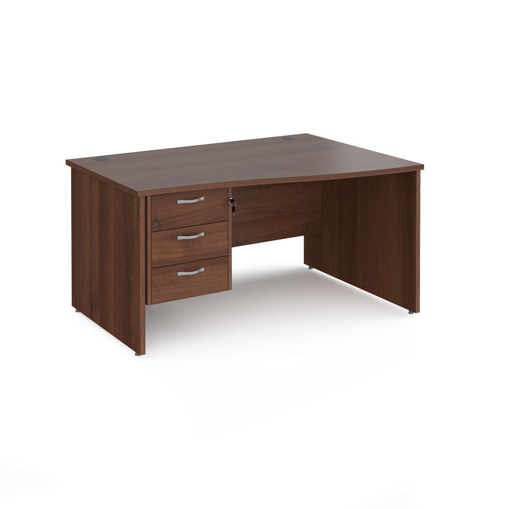 Picture of Maestro 25 right hand wave desk 1400mm wide with 3 drawer pedestal - walnut top with panel end leg