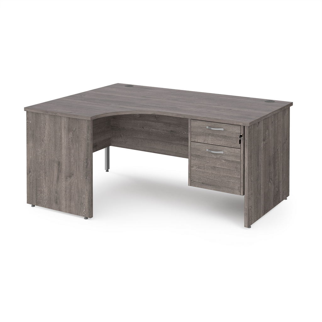 Picture of Maestro 25 left hand ergonomic desk 1600mm wide with 2 drawer pedestal - grey oak top with panel end leg