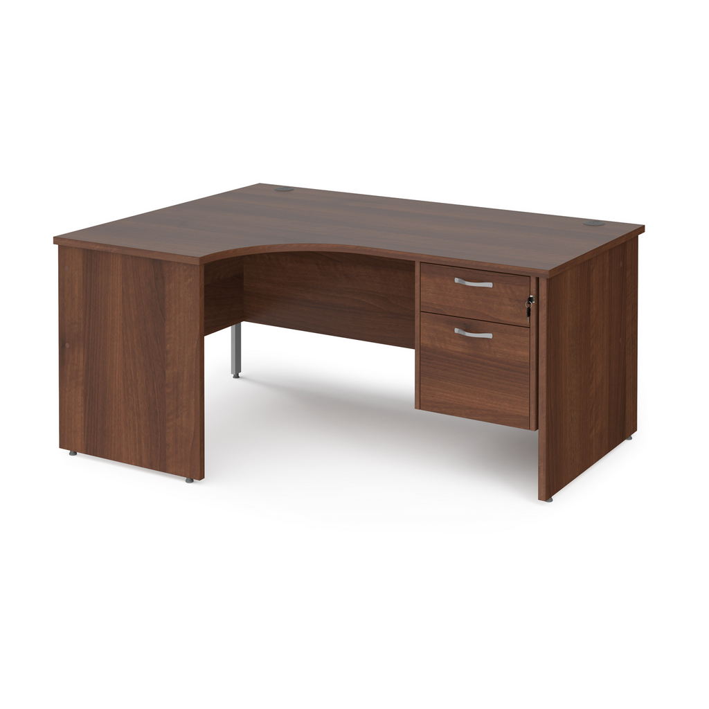 Picture of Maestro 25 left hand ergonomic desk 1600mm wide with 2 drawer pedestal - walnut top with panel end leg