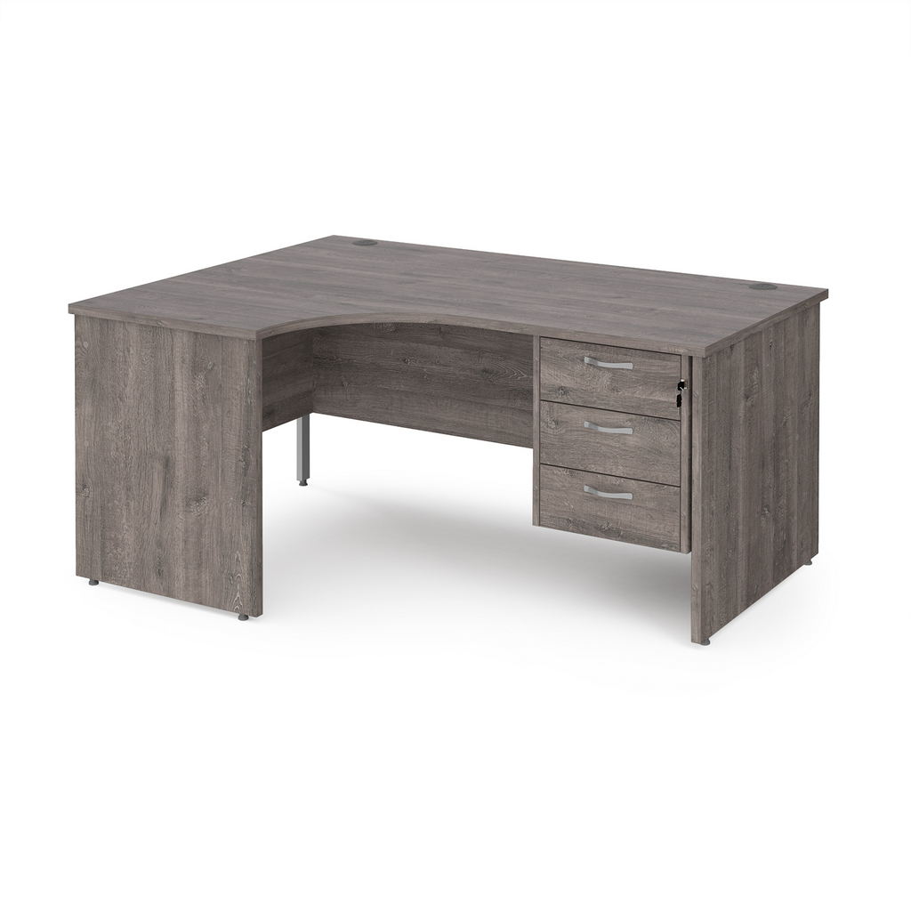 Picture of Maestro 25 left hand ergonomic desk 1600mm wide with 3 drawer pedestal - grey oak top with panel end leg