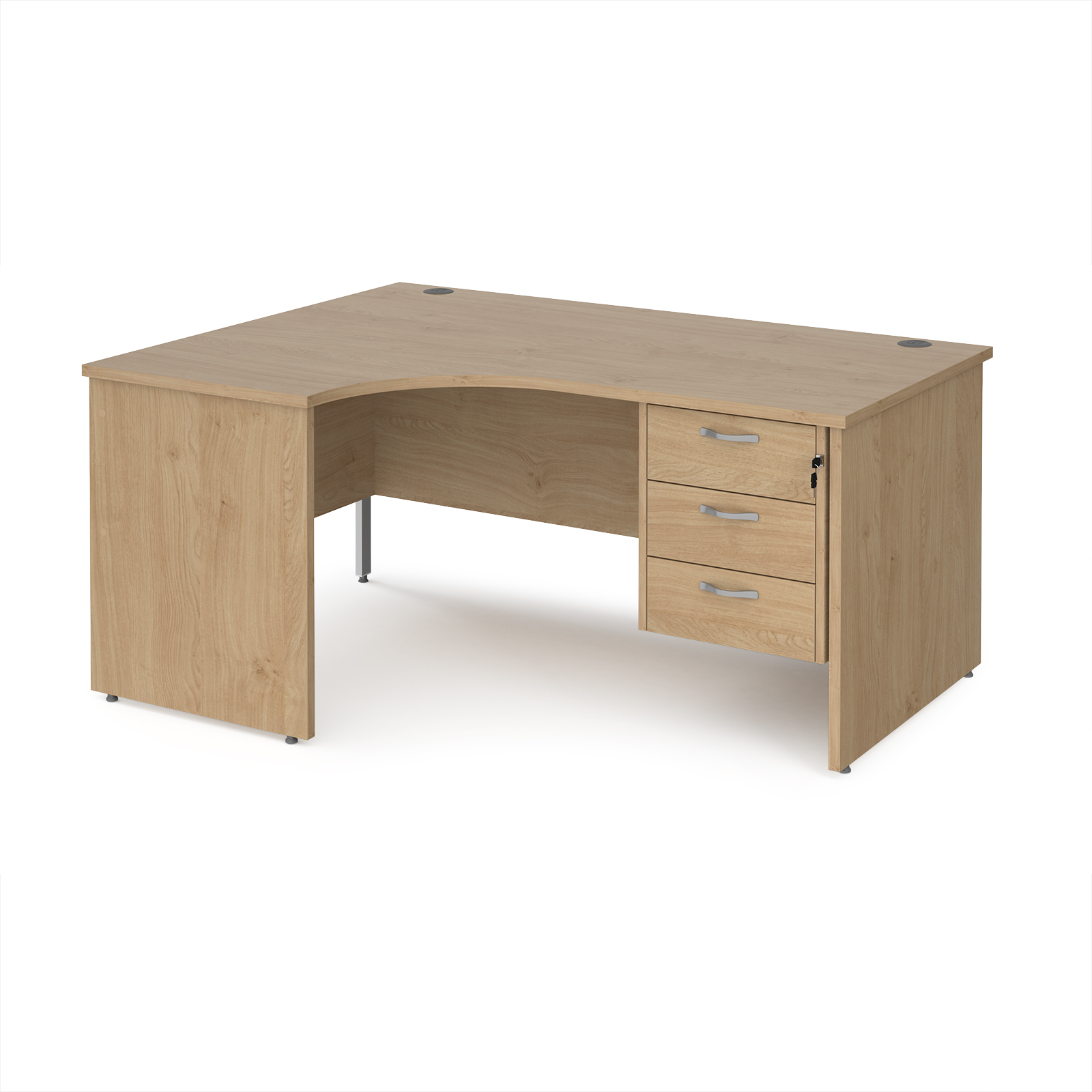 Picture of Maestro 25 left hand ergonomic desk 1600mm wide with 3 drawer pedestal - Kendal Oak Top with panel end leg
