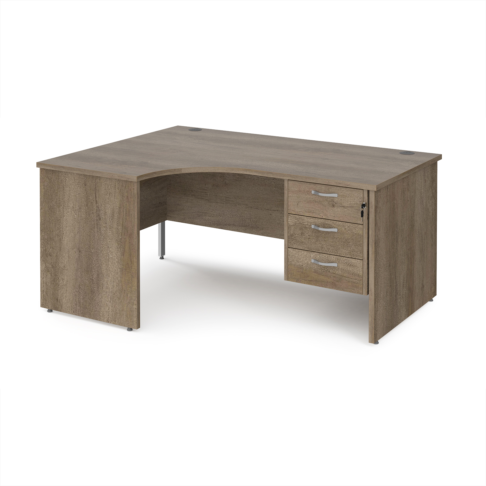 Picture of Maestro 25 left hand ergonomic desk 1600mm wide with 3 drawer pedestal - Nebraska Oak Top with panel end leg