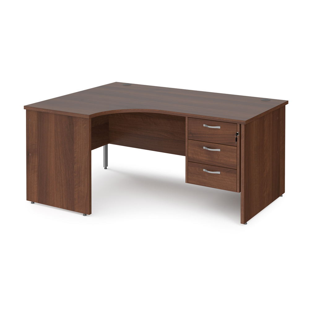 Picture of Maestro 25 left hand ergonomic desk 1600mm wide with 3 drawer pedestal - walnut top with panel end leg