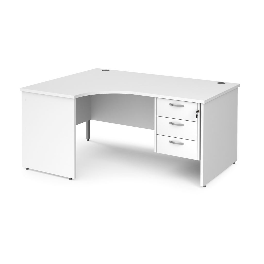 Picture of Maestro 25 left hand ergonomic desk 1600mm wide with 3 drawer pedestal - white top with panel end leg