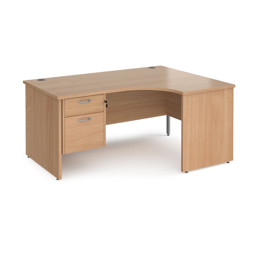 Picture of Maestro 25 right hand ergonomic desk 1600mm wide with 2 drawer pedestal - beech top with panel end leg