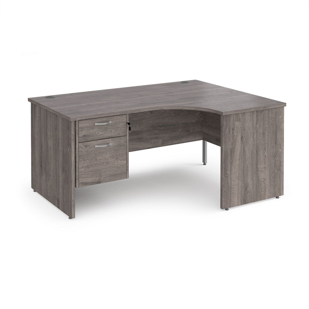 Picture of Maestro 25 right hand ergonomic desk 1600mm wide with 2 drawer pedestal - grey oak top with panel end leg