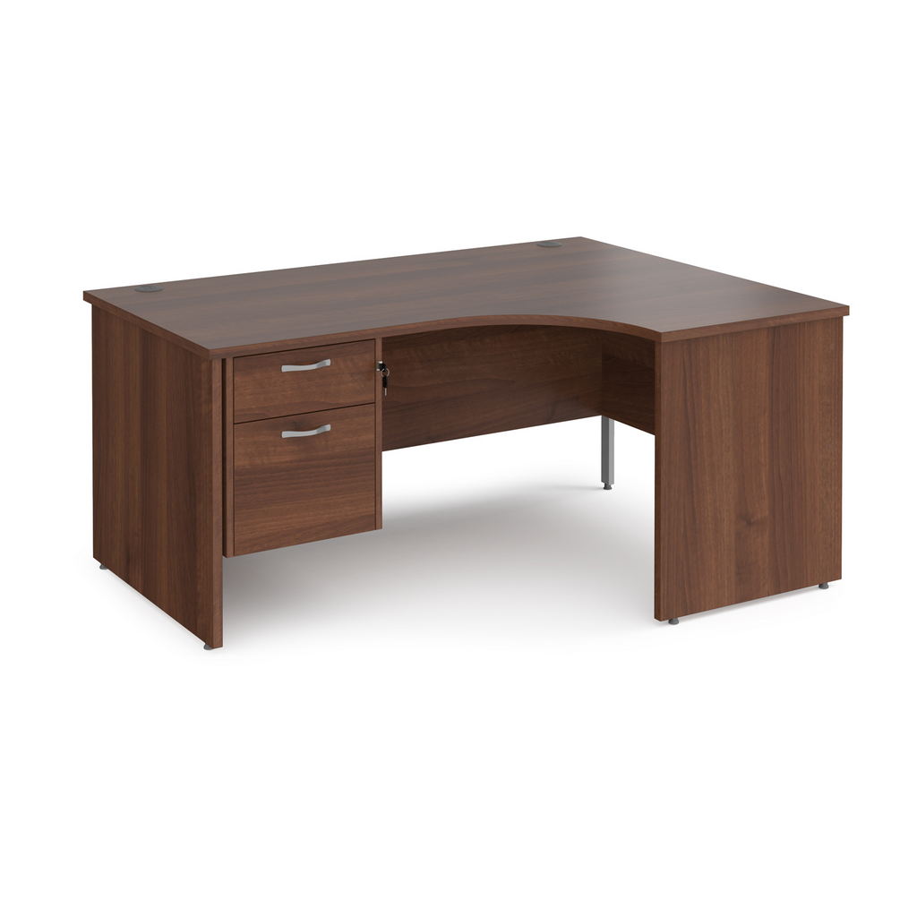 Picture of Maestro 25 right hand ergonomic desk 1600mm wide with 2 drawer pedestal - walnut top with panel end leg