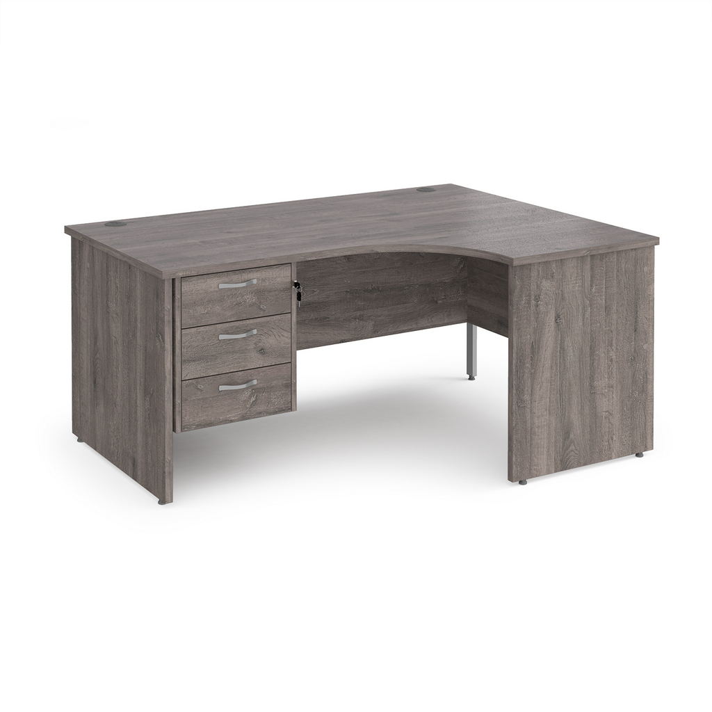 Picture of Maestro 25 right hand ergonomic desk 1600mm wide with 3 drawer pedestal - grey oak top with panel end leg