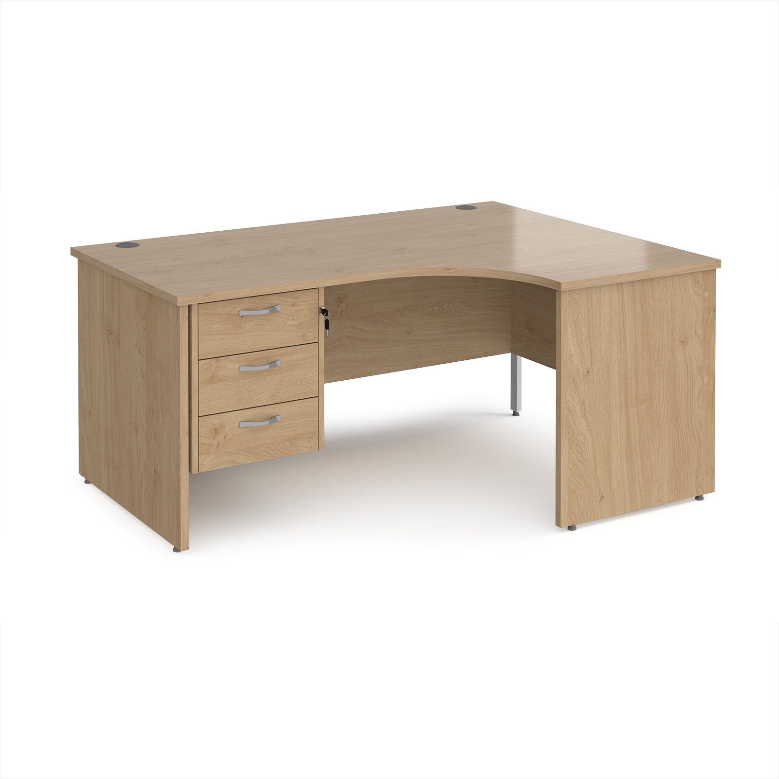 Picture of Maestro 25 right hand ergonomic desk 1600mm wide with 3 drawer pedestal - Kendal Oak Top with panel end leg