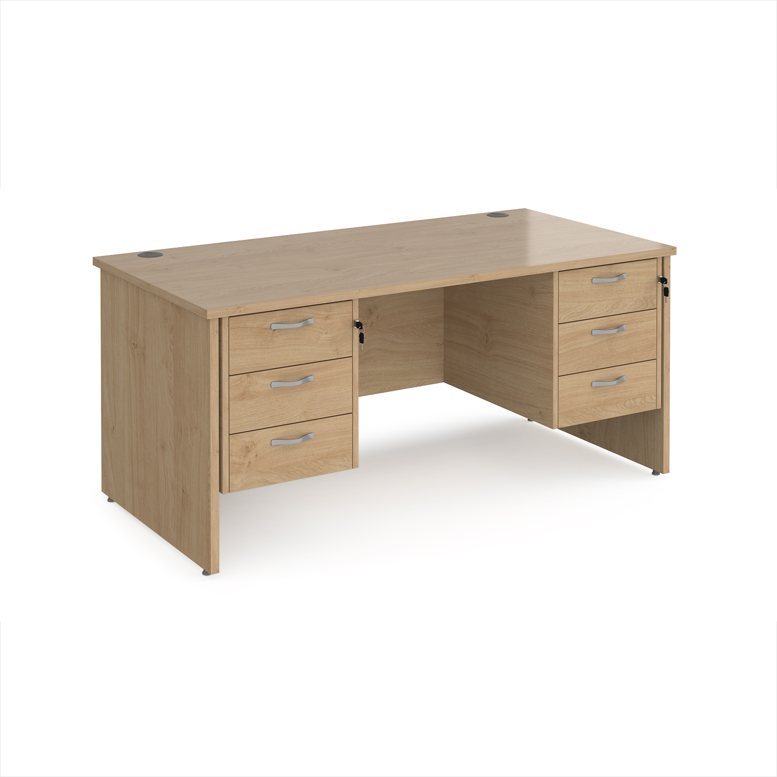 Picture of Maestro 25 straight desk 1600mm x 800mm with two x 3 drawer pedestals - Kendal Oak Top with panel end leg