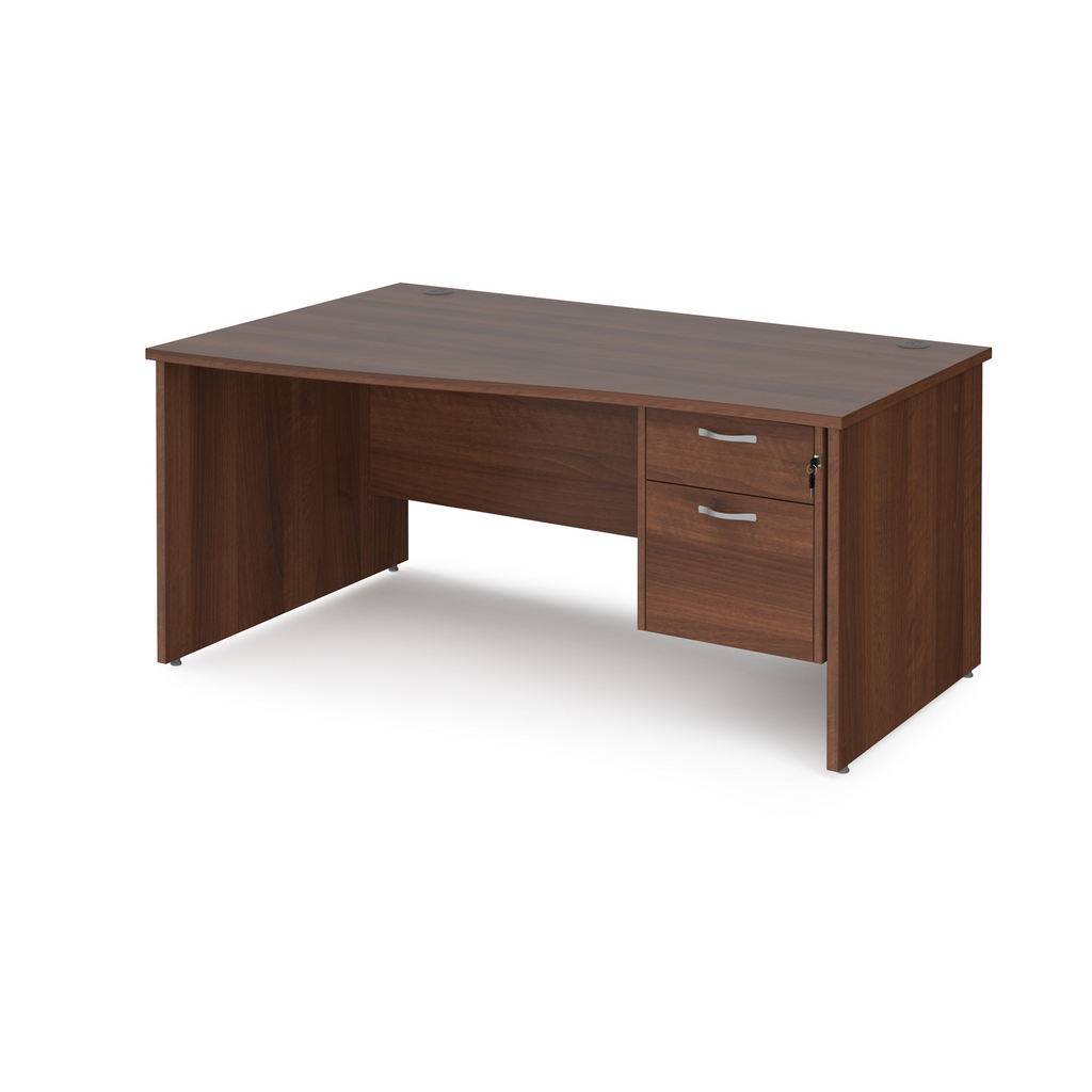 Picture of Maestro 25 left hand wave desk 1600mm wide with 2 drawer pedestal - walnut top with panel end leg