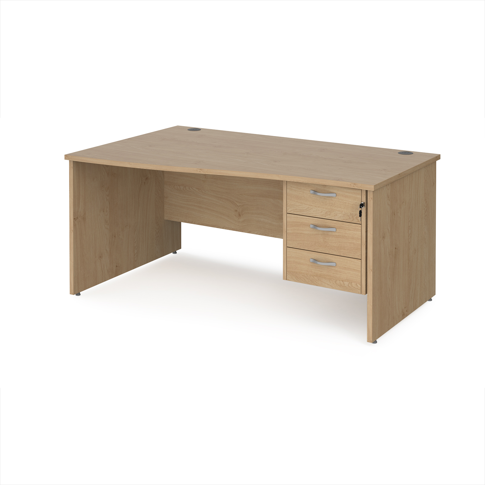 Picture of Maestro 25 left hand wave desk 1600mm wide with 3 drawer pedestal - Kendal Oak Top with panel end leg