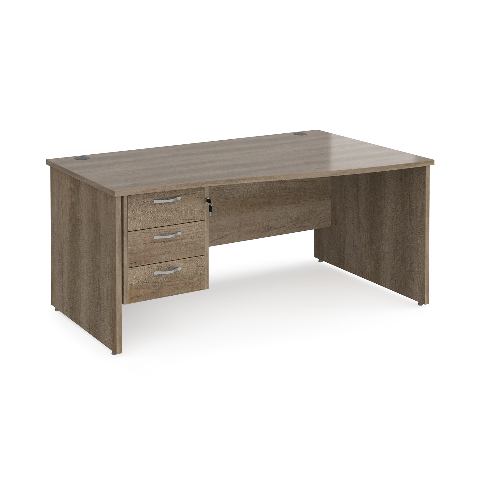 Picture of Maestro 25 right hand wave desk 1600mm wide with 3 drawer pedestal - Nebraska Oak Top with panel end leg