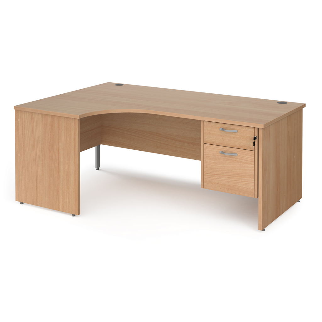 Picture of Maestro 25 left hand ergonomic desk 1800mm wide with 2 drawer pedestal - beech top with panel end leg