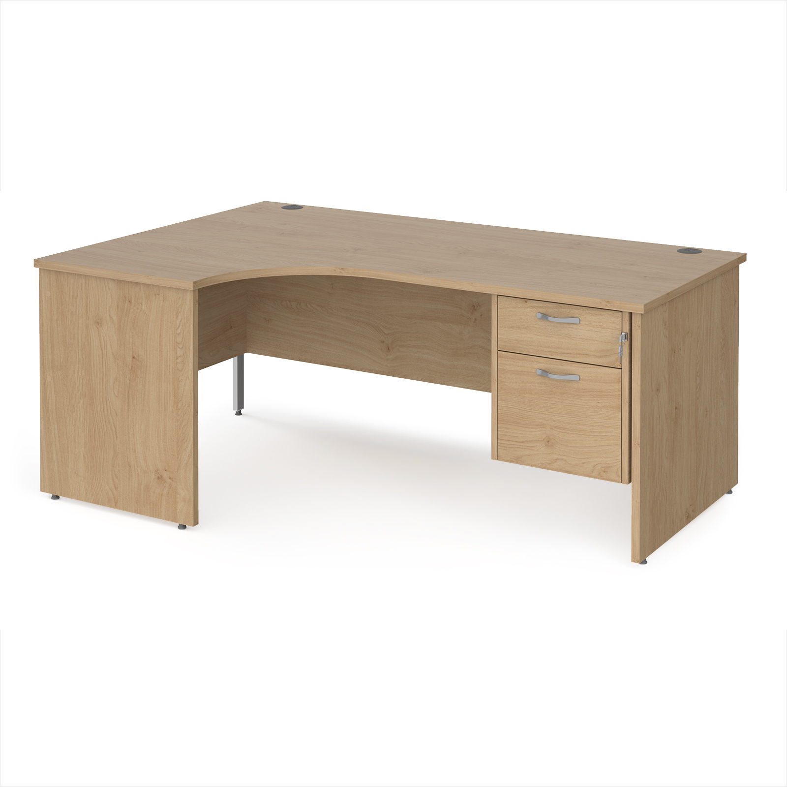 Picture of Maestro 25 left hand ergonomic desk 1800mm wide with 2 drawer pedestal - Kendal Oak Top with panel end leg