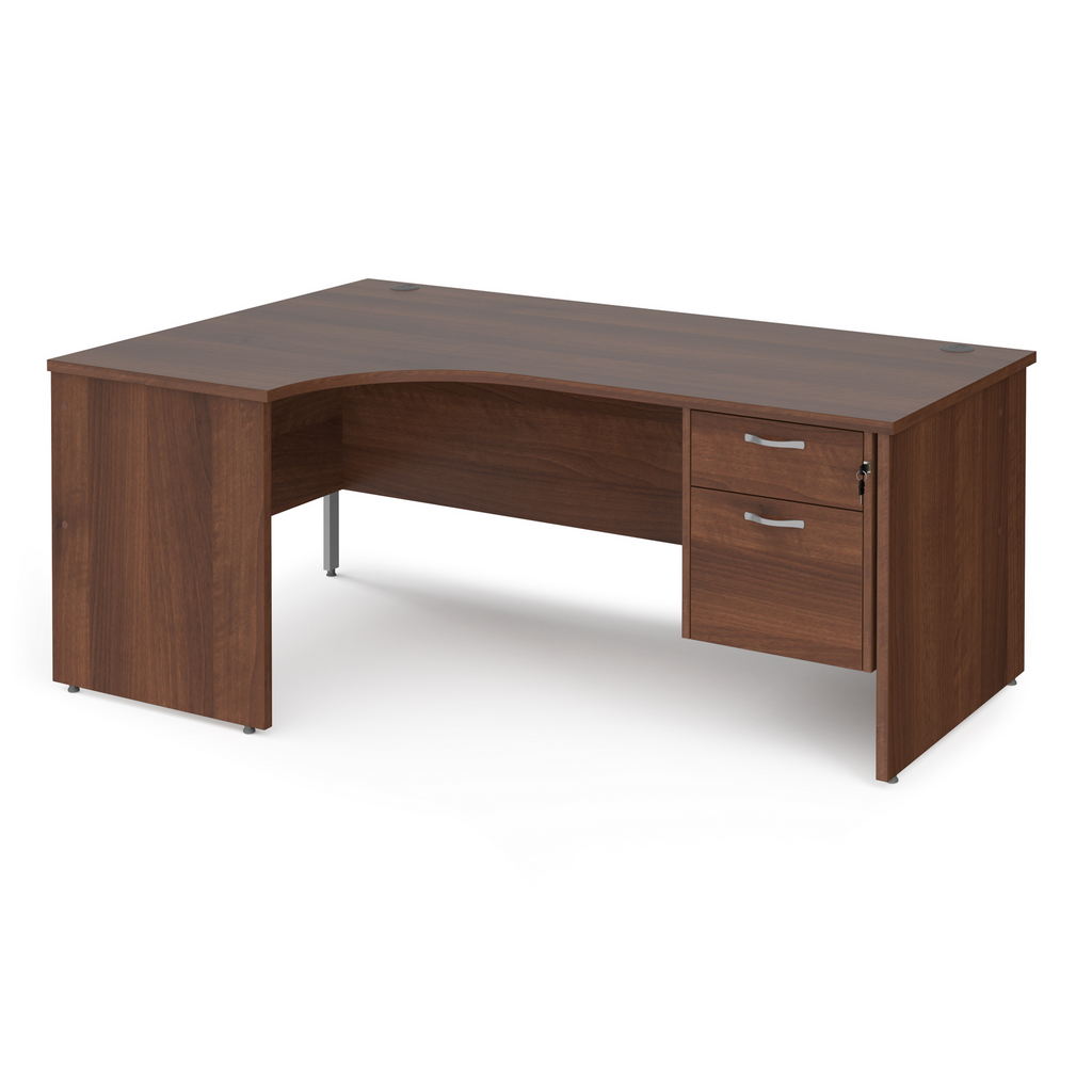 Picture of Maestro 25 left hand ergonomic desk 1800mm wide with 2 drawer pedestal - walnut top with panel end leg